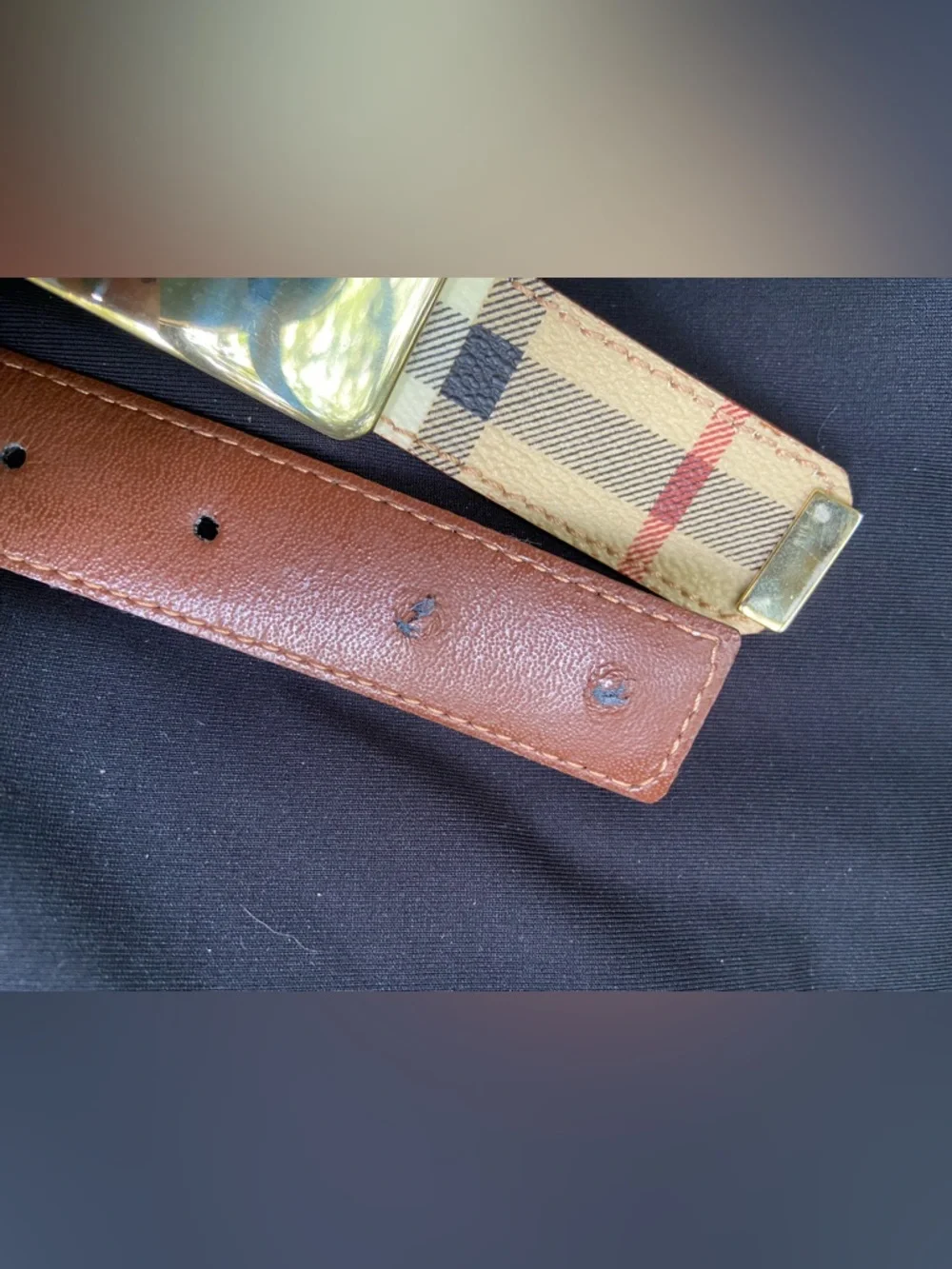 Burberry Vintage Beige Tan Check Canvas Belt with Gold Buckle. Unisex - Picture 7 of 9